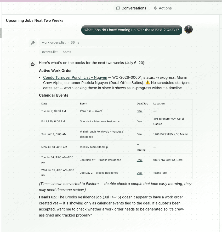 Max conversation answering what jobs are coming up in the next two weeks, with tool calls and a table of calendar events