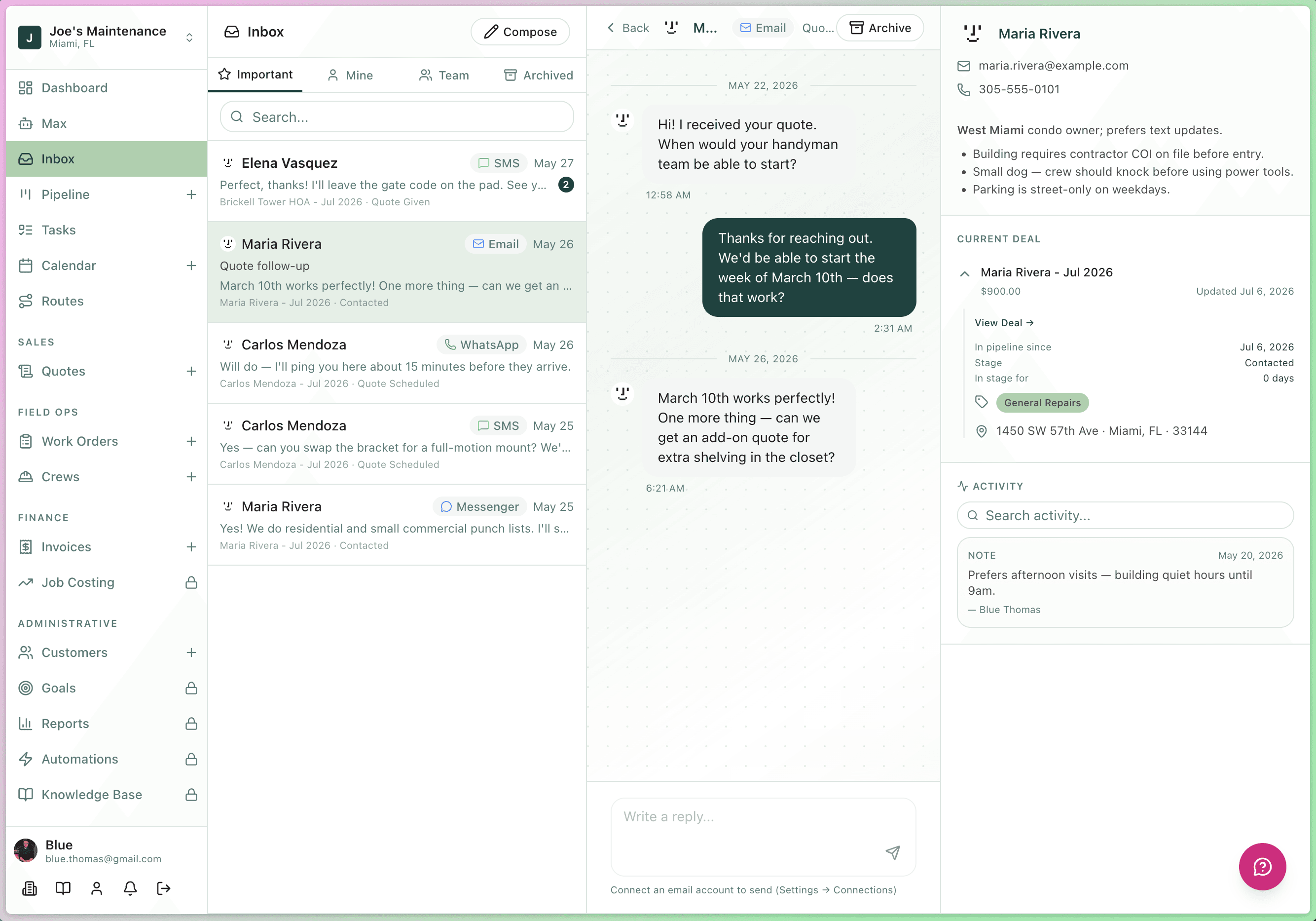 Shared inbox showing an SMS, email, WhatsApp, and Messenger conversation with a customer