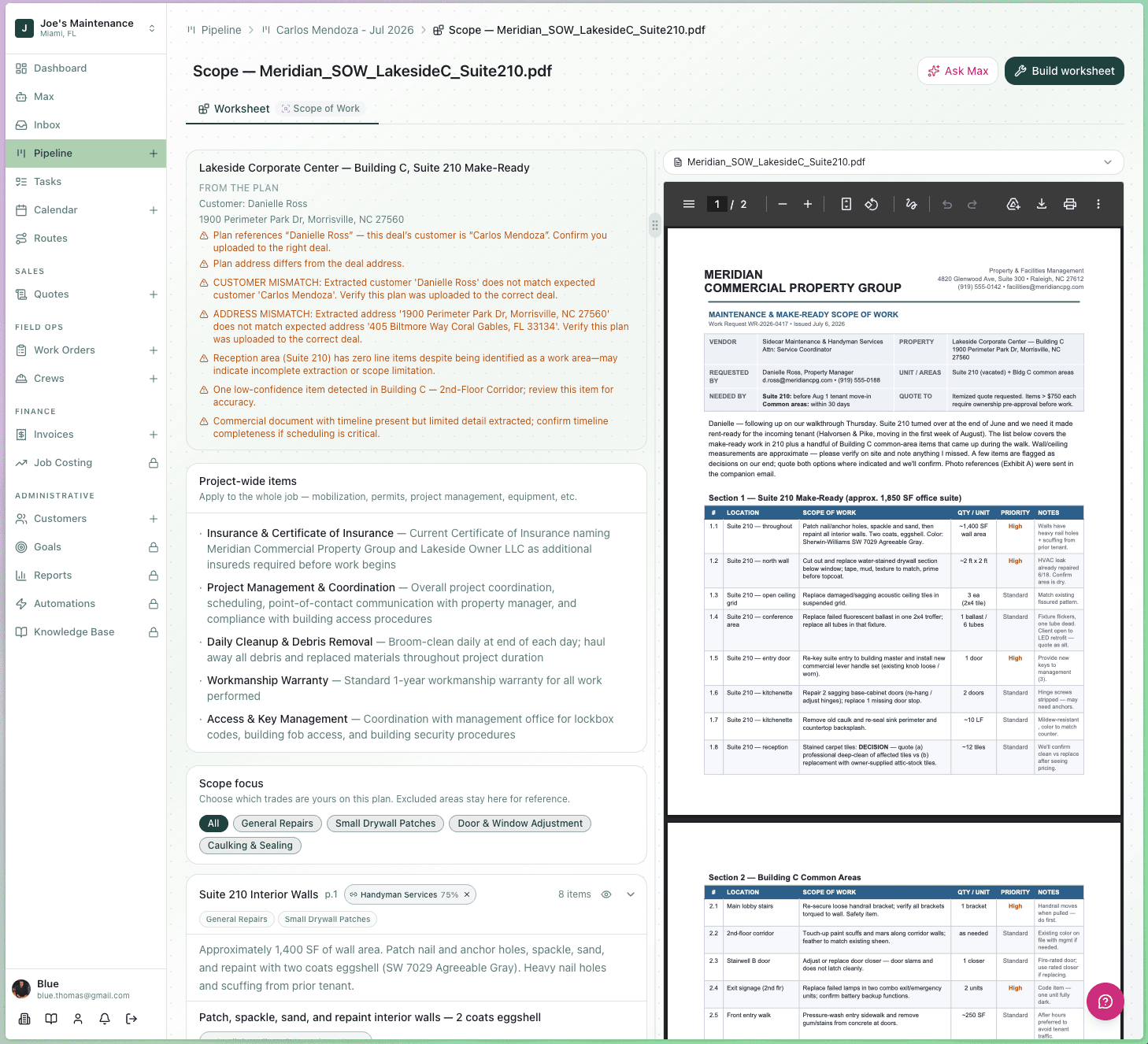 Scope of work editor with the source plan on the right and AI-flagged mismatches and extracted line items on the left